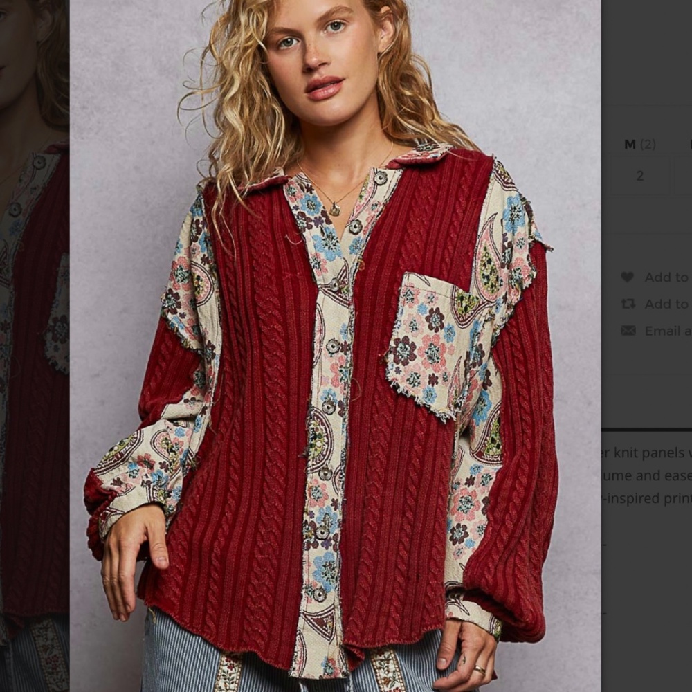 POL Red Cable Knit & Floral Patchwork Shirt Jacket